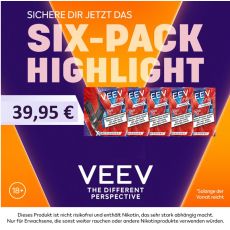 Aktion Veev One Pods Six-Pack Deiner Wahl. Sechs Packungen Veev Pods X mit lila-orangem Hintergrund.