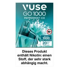 Packung Einweg E-Zigarette Vuse Go 1000 Box Peppermint Ice. Türkis-weiße Packung mit Gerät und Eiskristalle.