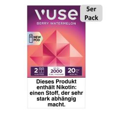 Packung Vuse Liquid Pod Berry Watermelon. Lila-rote Schachtel mit weißer Vuse Aufschrift und 5er Pack Bottom.