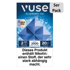 Packung Vuse Liquid Pod Blueberry Ice. Blaue Schachtel mit weißer Vuse Aufschrift und 5er Pack Bottom.