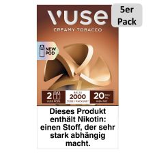 Packung Vuse Liquid Pods Creamy Tobacco. Braune Schachtel mit 5er Pack Bottom und weißer Vuse Aufschrift.