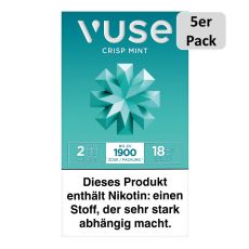 Packung Vuse Liquid Pods Crisp Mint. Mintgrüne Schachtel mit 5er Pack Bottom und weißer Vuse Aufschrift.