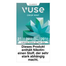Packung Vuse Liquid Pods Crisp Mint 18mg/ml. Türkise Schachtel mit Blume und weißer Vuse Aufschrift.