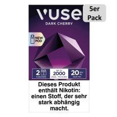 Packung Vuse Liquid Pods Dark Cherry. Lila Schachtel mit 5er Pack Bottom und weißer Vuse Aufschrift.
