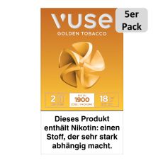 Packung Vuse Liquid Pods Golden Tobacco. Goldene Schachtel mit 5er Pack Bottom und weißer Vuse Aufschrift.