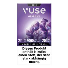 Packung Vuse Liquid Pod Grape Ice. Lila Schachtel mit weißer Vuse Aufschrift und lila Blüte mit Eiskristallen.