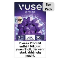 Packung Vuse Liquid Pod Grape Ice. Lila Schachtel mit weißer Vuse Aufschrift und 5er Pack Bottom.