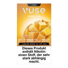 Packung Vuse Liquid Pods Mango Ice. Gelbe Schachtel mit Würfel weißer Vuse Aufschrift.