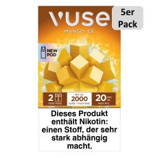 Packung Vuse Liquid Pods Mango Ice. Gelbe Schachtel mit 5er Pack Bottom weißer Vuse Aufschrift.
