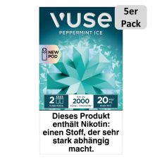 Packung Vuse Liquid Pods Peppermint Ice. Türkise Schachtel mit 5er Pack Bottom und weißer Vuse Aufschrift.