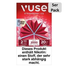 Packung Vuse Liquid Pods Strawberry Ice. Rote Schachtel mit 5er Pack Bottom und weißer Vuse Aufschrift.
