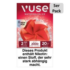 Packung Vuse Liquid Pod Watermelon Ice. Hellrote Schachtel mit weißer Vuse Aufschrift und 5er Pack Bottom.