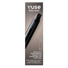 Packung E-Zigarette Vuse Pro One Device Kit Pen Black. Schwarze Schachtel mit schwarzem Gerät und Vuse Aufschrift.