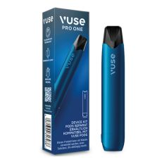 Packung E-Zigarette Vuse Pro One Device Kit Pen Blue. Blaue Schachtel mit blauem Gerät und Vuse Aufschrift.