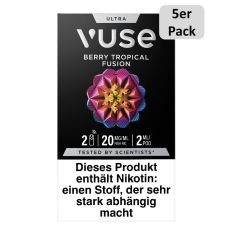 Packung Vuse Ultra Pods Berry Tropical Fusion. Schwarze Schachtel mit weißer Vuse Aufschrift und 5er Pack Bottom.