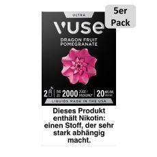 Packung Vuse Ultra Pods Dragon Fruit Pomegranate. Schwarze Schachtel mit weißer Vuse Aufschrift und 5er Pack Bottom.