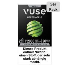 Packung Vuse Ultra Pods Green Apple. Schwarze Schachtel mit weißer Vuse Aufschrift und 5er Pack Bottom.