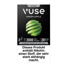 Packung Vuse Ultra Pods Green Apple. Schwarze Schachtel mit weißer Vuse Aufschrift und grünem Ornament.