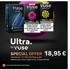 Aktion Vuse Ultra Device Blue. Blaues Gerät mit zwei Vuse Pods Packungen Cherry und Lemon & Lime.