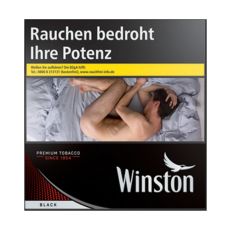 Schachtel Zigaretten Winston Black 6XL. Schwarze Packung mit weißem Winston Logo und Warnhinweis.