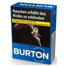 Schachtel Zigaretten Burton Zigaretten Blau 2XL. Große blaue Packung mit weißer Burton Aufschrift und Logo.