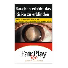 Schachtel Zigaretten Fair Play Filter Red. Weiß-rote Packung mit schwarzem Fair Play Logo.