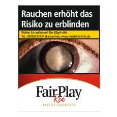 Schachtel ZIgaretten Fair Play Filter rot XXL. Weiß-rote Packung mit schwarzem Fair Play Logo.