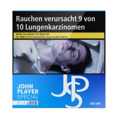Schachtel Zigaretten John Player Special Classic Blue. Blaue Packung mit grau-blauem JPS Logo und Classic Aufschrift.