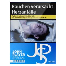 Schachtel Zigaretten John Player Special Classic Blue. Blaue Packung mit grau-blauem JPS Logo und Classic Aufschrift.
