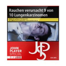 Schachtel Zigaretten John Player Special Classic Red. Rote Packung mit grau-rotem JPS Logo und Classic Aufschrift.