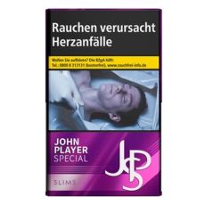 Schachtel John Player Special Zigaretten Slims Purple. Lila Packung mit weißem JPS Logo.