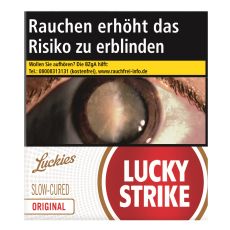 Schachtel Zigaretten Lucky Strike Original Rot Hercules. Weiße Packung mit rotem Lucky Strike Logo und Auge.