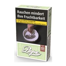 Schachtel Zigaretten Pepe Bright Green L. Hell-grüne Packung mit weißem Pepe Logo und Warnhinweis.