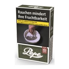 Schachtel Pepe Zigaretten Dark Green L. Dunkelgrüne Packung mit weißem Pepe Logo und Warnhinweis.