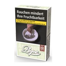 Schachtel Zigaretten Pepe Fine Green L. Blassgrüne Packung mit weißem Pepe Logo.