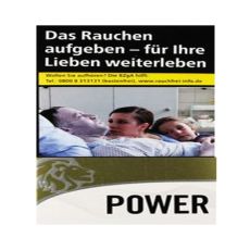 Schachtel Zigaretten Power Gold Giga Box. Sehr große gold-weiße Packung mit Löwenkopf und schwarzer Power Aufschrift.