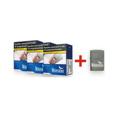Sparset Winston Zigaretten Blue 6XL. Drei blaue Packungen mit Winston Zippo Feuerzeug.