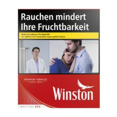 Schachtel Zigaretten Winston Red 5XL. Rote Packung mit weißer Winston Aufschrift und Vogel.