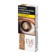Schachtel Eve 120 Zigaretten. Schmale lange weiße Packung mit Blumen und Eve 120 Aufschrift.