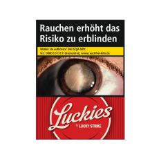 Schachtel Zigaretten Luckies Crafted Red. Rote Packung mit weißer Luckies Aufschrift und Warnhinweis.