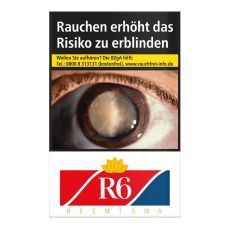Schachtel Zigaretten R6. Weiße Packung mit rot-blauem R6 Logo mit goldenem Blatt.
