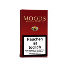 Schachtel Zigarillos Moods ohne Filter 5er Pack. Weinrote Packung mit goldenem Moods Logo und Warnhinweis.