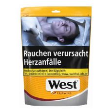 Beutel Tabak West Yellow. Gelb-rot-grauer Beutel mit West Logo und Fairwind Aufschrift.