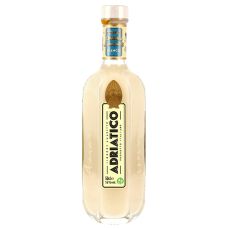 Adriatico Amaretto Bianco Likör 50cl. Flasche mit hellcremiggelbem Inhalt und schwarz-weißem Etikett mit Adriatico Auschrift und goldenem Symbol.
