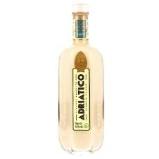Adriatico Amaretto Bianco Likör 70cl. Flasche mit hellcremiggelbem Inhalt und schwarz-weißem Etikett mit Adriatico Auschrift und goldenem Symbol.