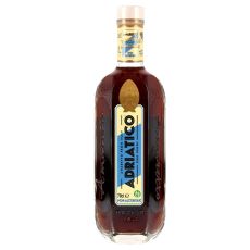 Adriatico Amaretto alkoholfrei 70cl. Flasche mit rostbraunem Inhalt und blau-hellgelben Etikett mit Adriatico und alkoholfrei Aufschrift und goldenem Symbol.