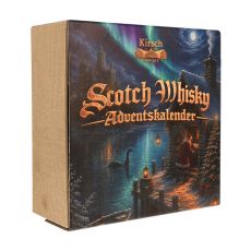 Adventskalender Scotch Whisky. Brauner Karton mit nostalgischen Weihnachtsbild mit Lochness und Nikolaus und große Scotch Whisky Adventskalender Aufschrift.