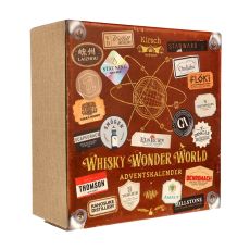 Adventskalender Whisky Wonder World. Brauner Karton in Kofferform mit Marken Aufkleber und goldene Weltkugel und goldener Whisky Wonder World Aufschrift.
