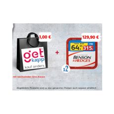 Aktion Benson & Hedges Tabak Tera Box Wundertüte. Rot-weißer Eimer mit Benson & Hedges Logo und schwarzer Tüte.