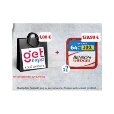 Aktion Benson & Hedges Tabak Tera Box Wundertüte. Rot-weißer Eimer mit Benson & Hedges Logo und schwarzer Tüte.